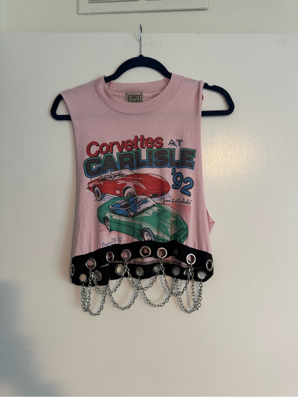 Handmade Corvette Graphic Crop Tank with Chain-Trim Belt
